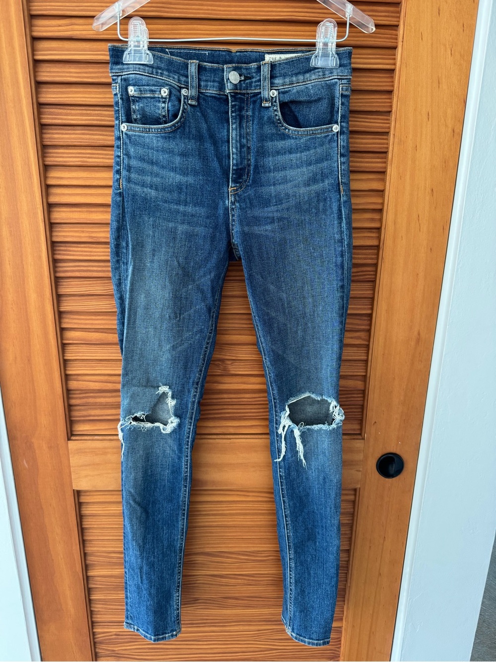 RAG & BONE Distressed High Rise Skinny Bonnie Blue Jeans - Ripped Knee Denim